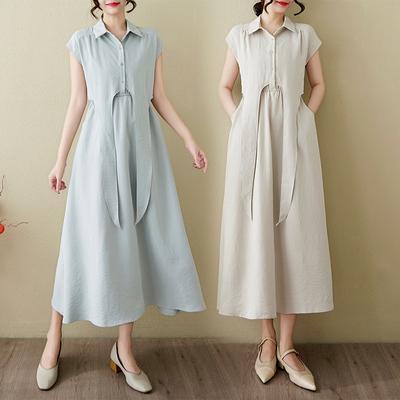Lapel Short-sleeved Solid Color Cotton and Linen Dress for Women's 2025 Summer New Fashion Bow Large Size Medium and Long Dress
