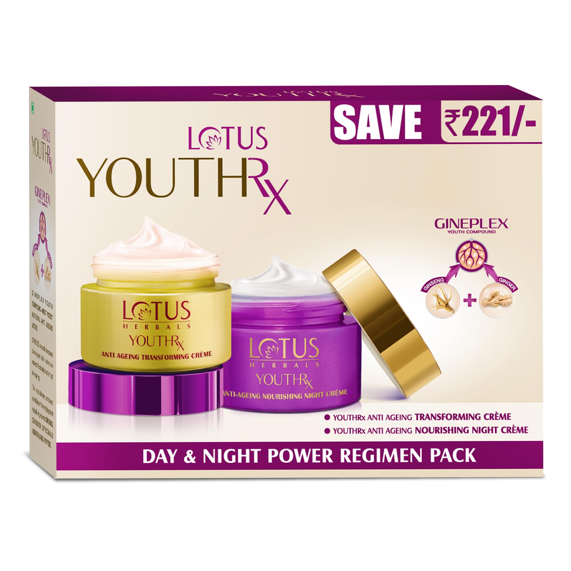 Lotus Herbals YouthRx Power Regimen Pack with Anti-Ageing Day Cream and Night Cream | Reduces Fine Lines, Wrinkles | Boosts Glow, Ginger and Ginsen