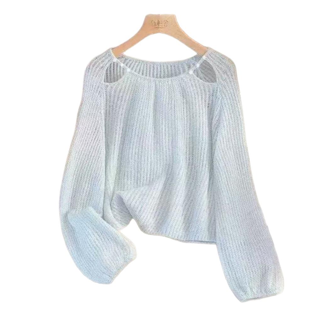Knitted Shirt for Women Solid Color Hollow Round Neck Top Thin Long Sleeve Pullover Shirts