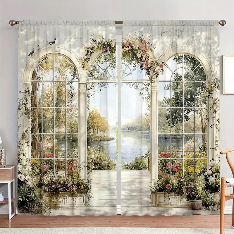 

2PCS 2D flat curtains, polyester material, courtyard lake printing art design, bedroom, home decoration 24x59in(60x150CM)x2&Rod Pocket