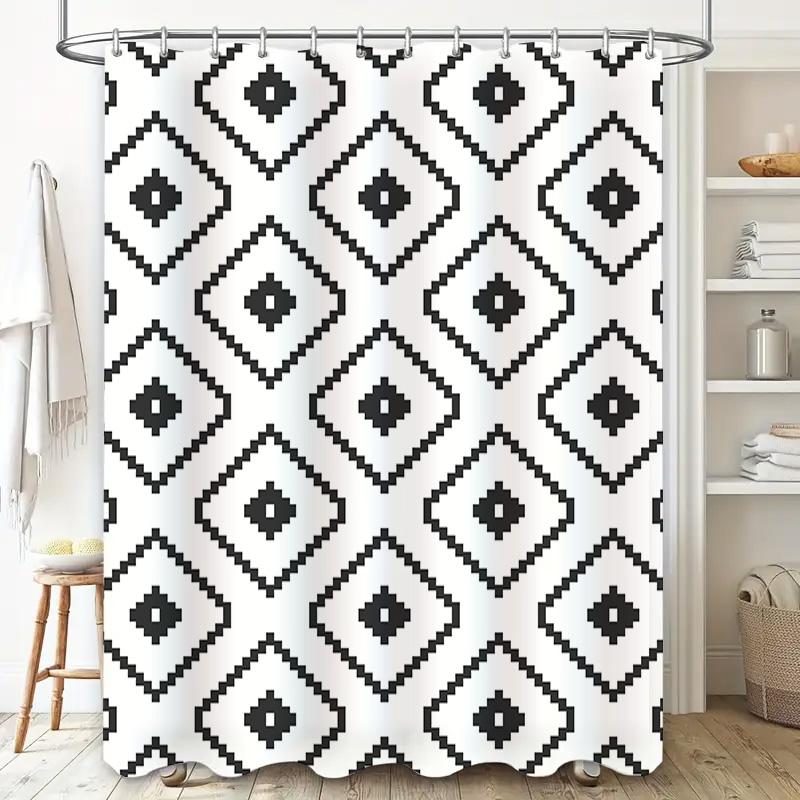 Modern Geometric Black White Shower Curtain for Bathroom Decor Extra Long Waterproof Washable Fabric 72x84 Inches (183 X 213cm)