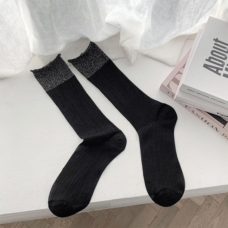 Silver Crystal Ballet Style Mid-Calf Socks - Women's Spring/Summer Transparent Ruffle Stockings, Japanese Sweet Girl Style.