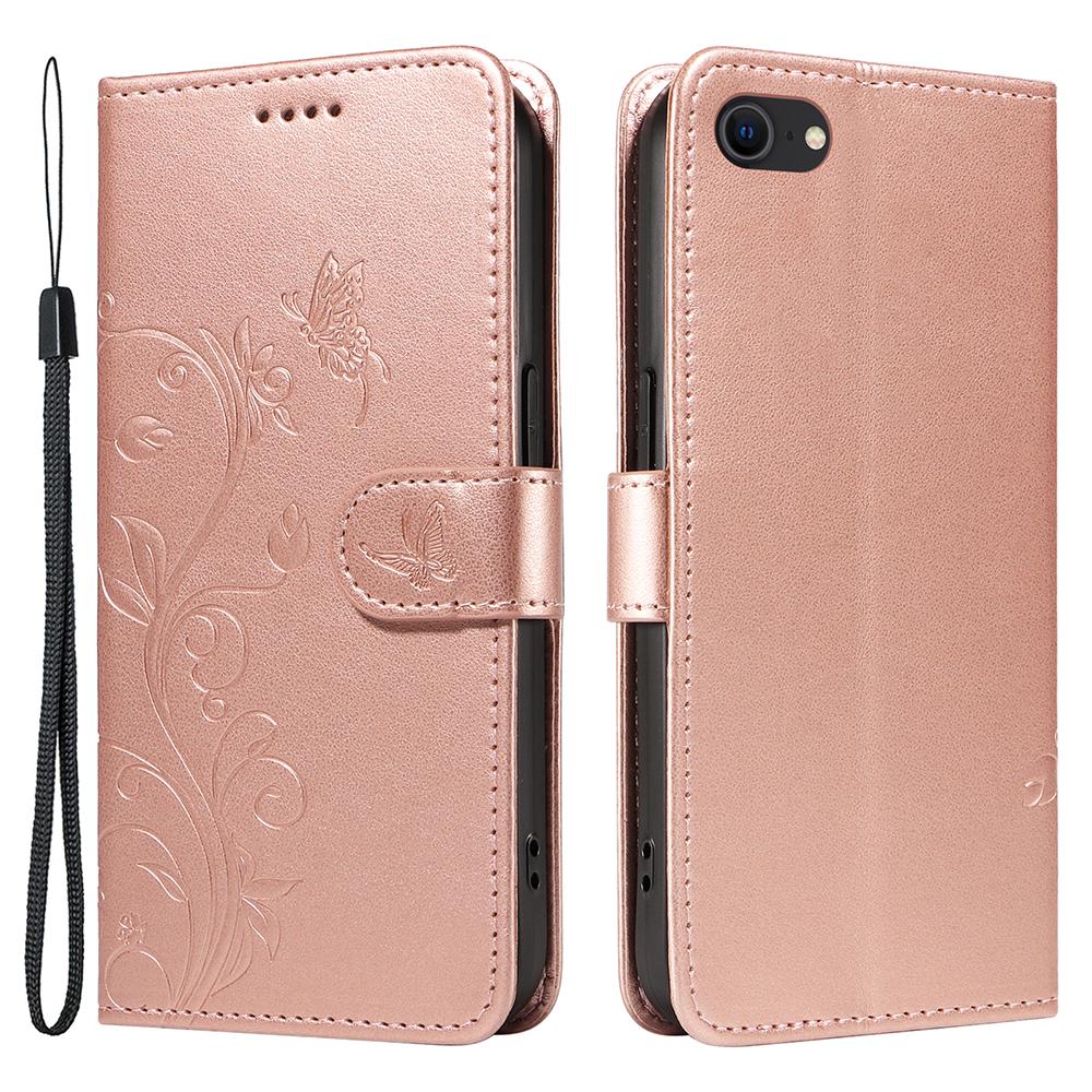 For iPhone 6/6s/7/8/SE (2020)/SE (2022) PU Leather Cases Flower Pattern Wallet Stand Phone Cover with Strap