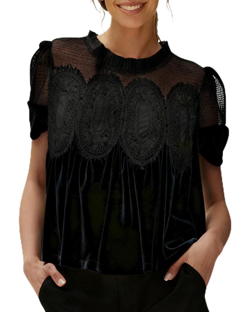 Women's Elegant Velvet Lace Round Neck Bell Sleeve Top