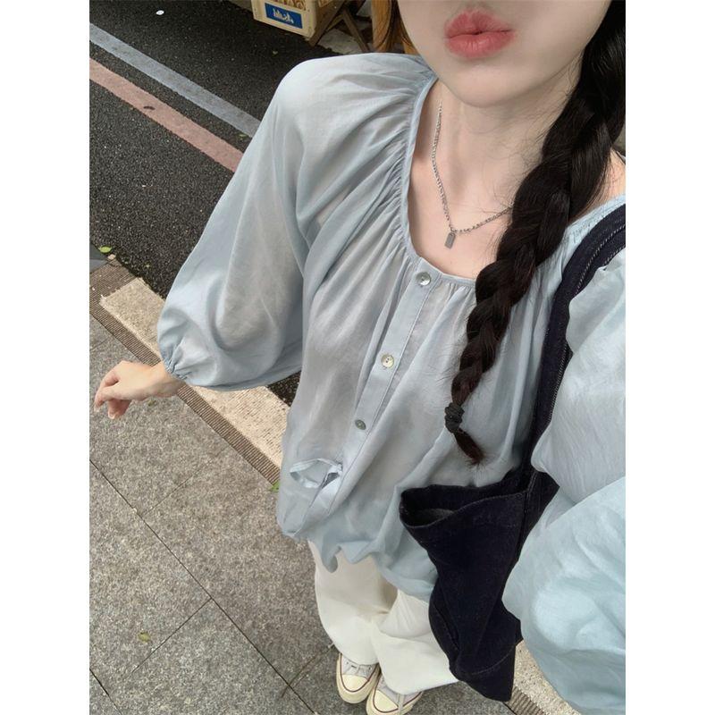 Kumikumi French style Elegant Lace-up Thin Long sleeve Shirts Women clothes Early Autumn Niche Age-Reducing Loose Slimming Top