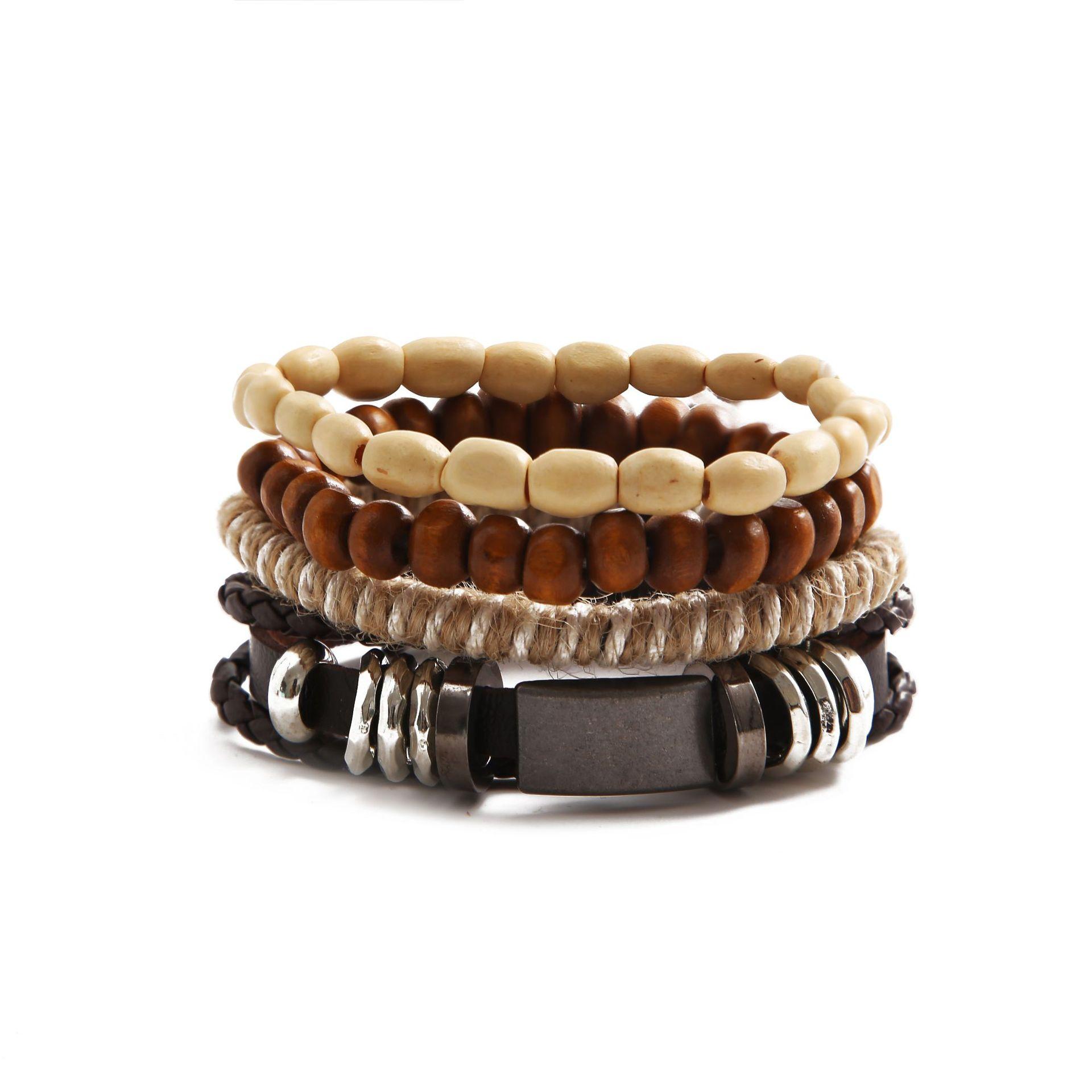 

4Pcs/Set Vintage Leather Braid Bracelet for Men Wood Beads Ethnic Tribal Wristband Rope Bracelet 2024 Hot Punk Fine Jewelry Gift