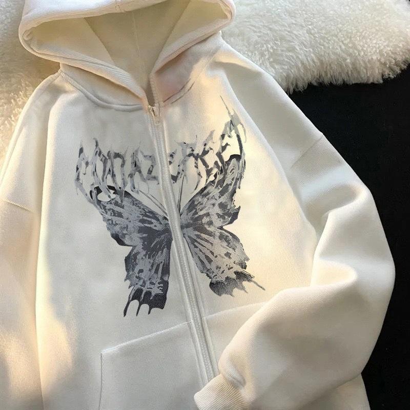 Hooded sweater in stock, zipper sweater autumn and winter European and American butterfly sweater gothic sports hooded jacket