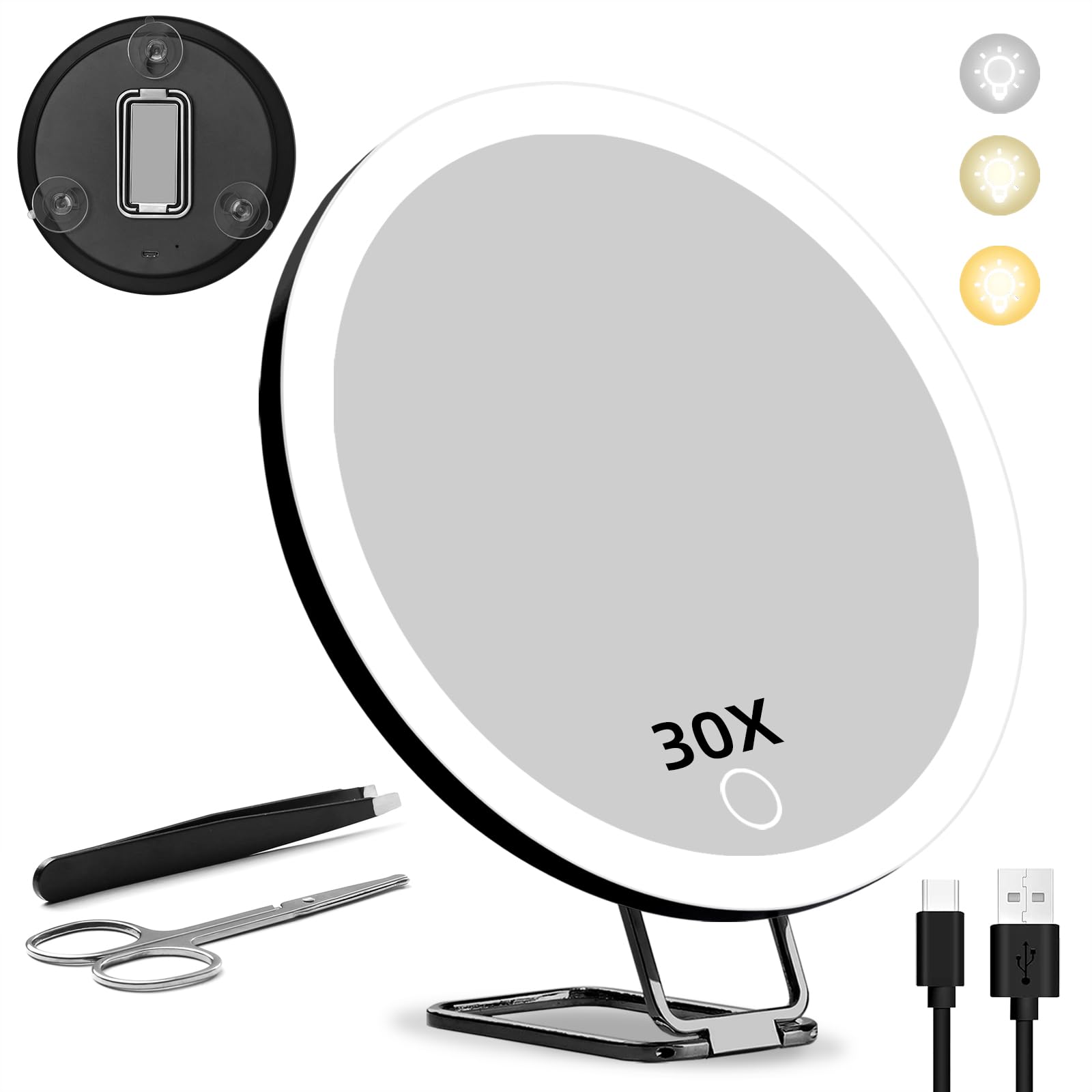

30X Magnifying Makeup Mirror with Adjustable Tabletop 3 Stepless USB Easy to Store and Carry Includes Tweezers and Nose Hair Scissors Light, 360°