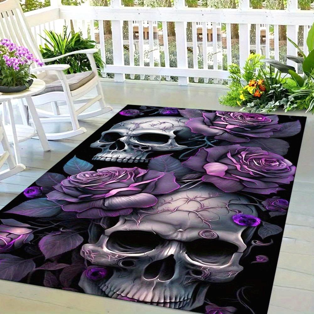 Purple Skull Rug for Outdoor Spaces, Floral Accents, Durable Porch Carpets for Halloween Decor