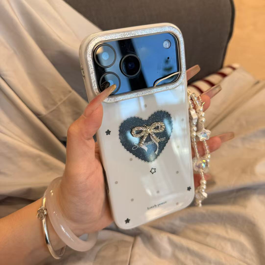 Glitter Heart Bow Mirror Phone Case with Pearl Chain, Cute Aesthetic Protective Cover for iPhone 17promax