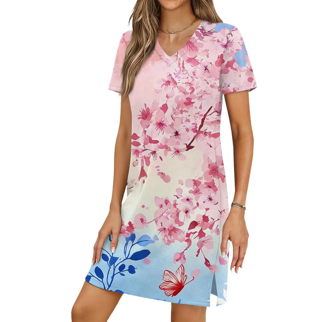 Women's Casual V-neck Short Sleeve Split Hem Floral Print Dress