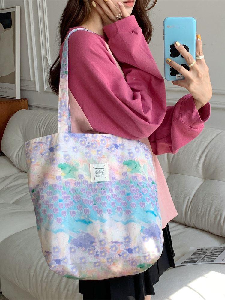 Pink Floral Canvas Tote Bag With Soft Cotton Material And Trendy Street Fashion