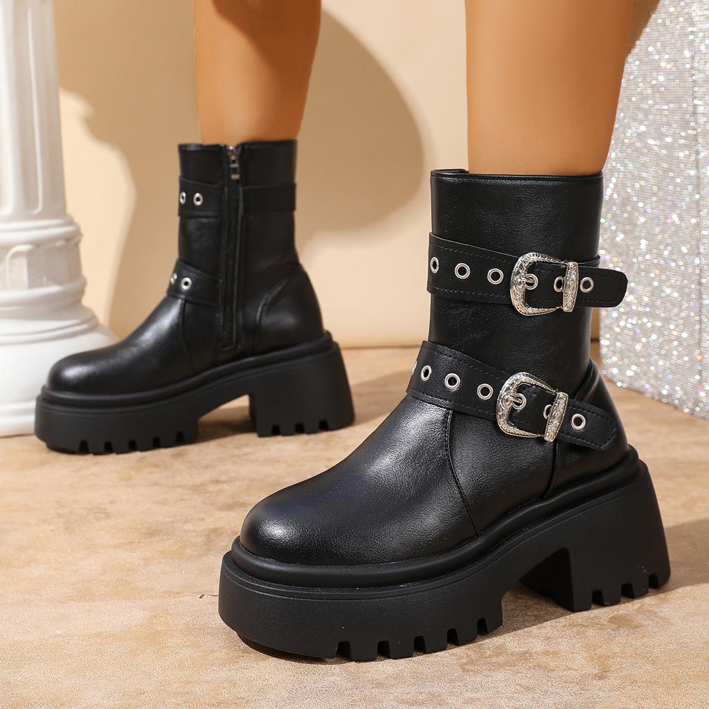 Women's Chunky Sole Ankle Boots Zipper & Side-Zip Combat Boots Winter Fleece-Lined Booties Versatile Leather Boots Platfo 65