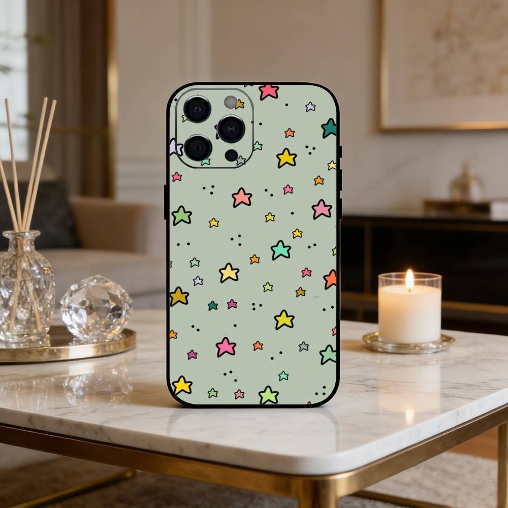 C-Cute cartoon star pattern Phone Case For iPhone 16,15,14,13,12,17,Pro Max,Plus Silicone Black Case