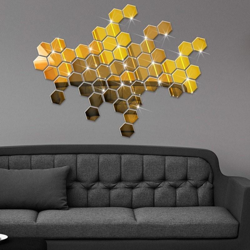 12 Geometric 3D Hexagon Mirror Wall Sticker Home Decor Enlarge Living Room Removable Safety 3 Sizes DIY Wall Stickers