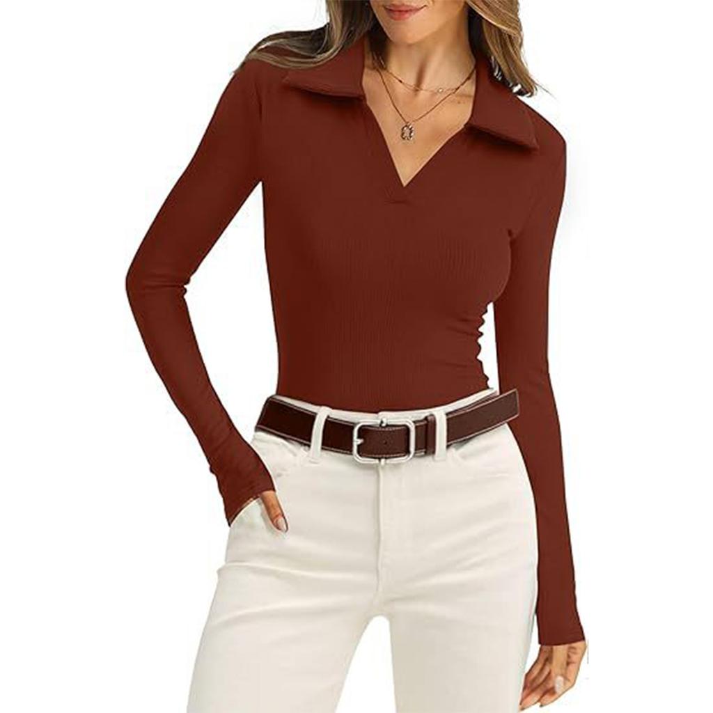 Women's Long-sleeved V-neck Shirt, Business Casual Slim-fit Knitted Top