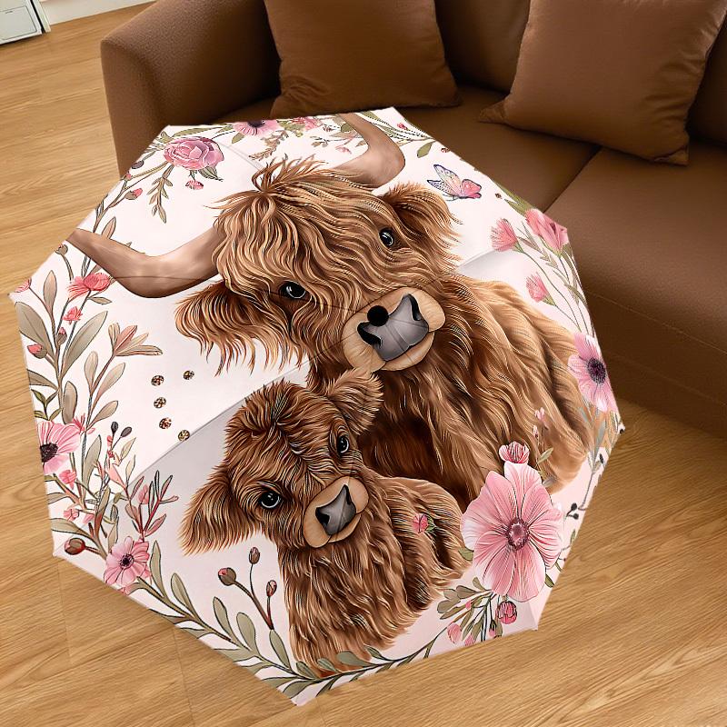 1PC Highland Cow Floral Umbrella-8-Rib Reinforced, Automatic Open, Lightweight & Durable, Cute Fashion Accessory for Outdoor-P47