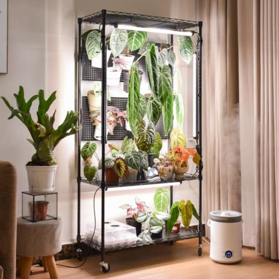 3 Tier Plant Cabinet with Pegboard and 4 Pack 96W Grow Lights for Indoor Foliage Plants Seed Starting Metal Plant Stand 29.5x13