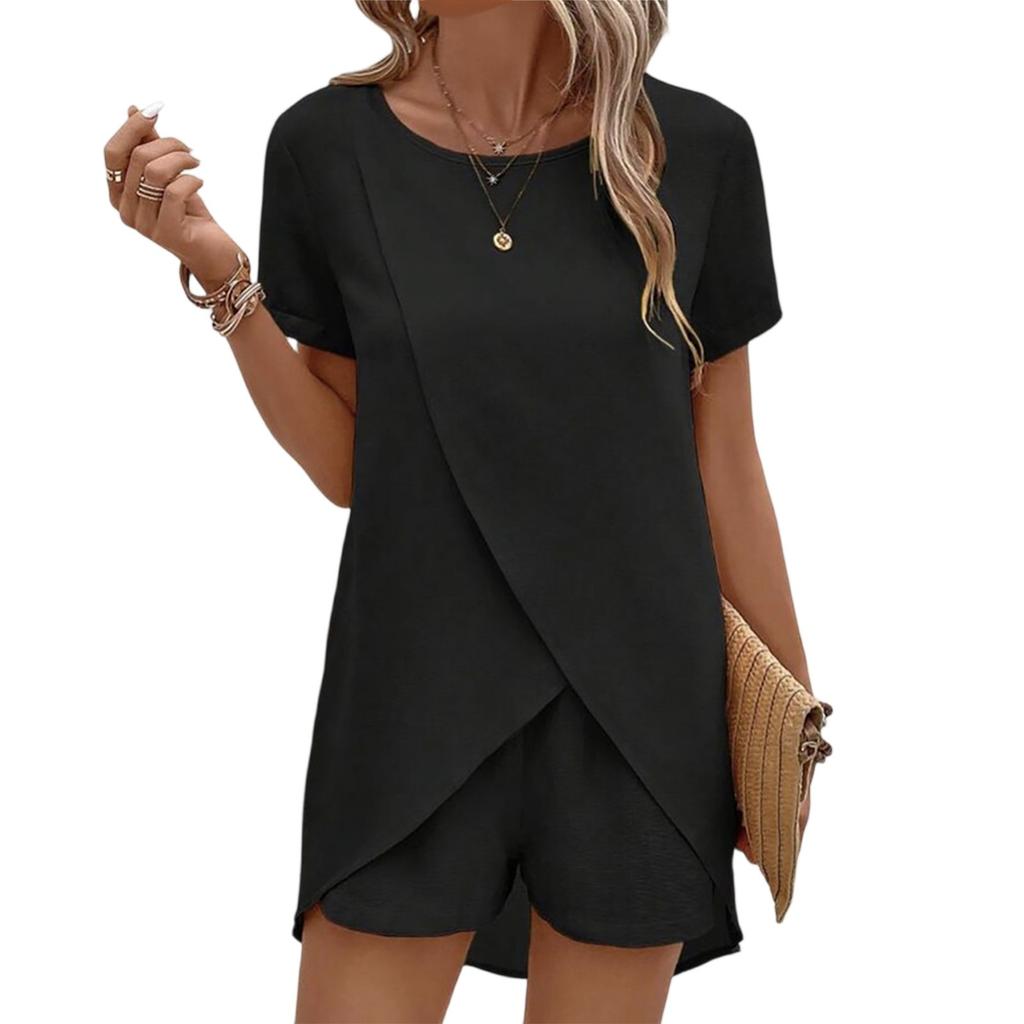 Damen Locker Lässig Zweiteiliges Set Kurzärmel Rundhals Locker Lässige Shorts Einfarbig Unregelmäßiges Set