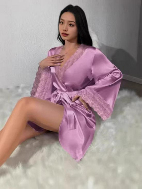 European & American Style Plus Size Lace Patchwork Silk Pajama Robe for Women
