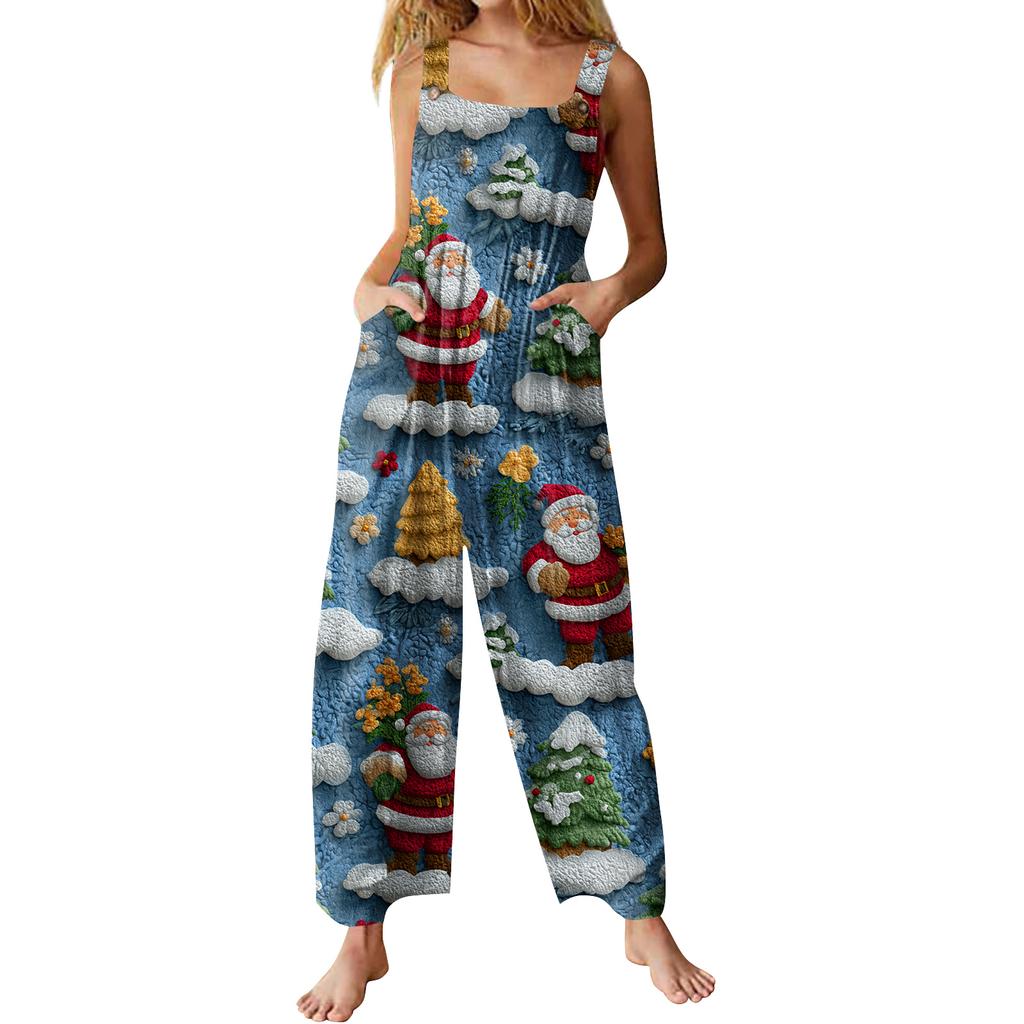 Womens Casual Overalls Jumpsuits Adjustable Straps Sleeveless Print Comfy Rompers With Pocket