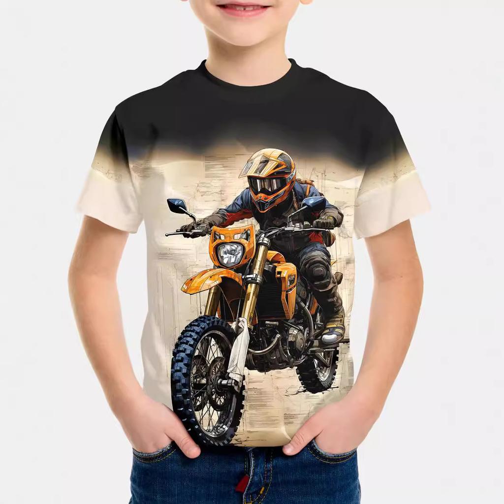 Summer Round Neck 3D Cool Motorcycle Printed Top Fashionable Casual Short Sleeved Children's Boy T-shirts