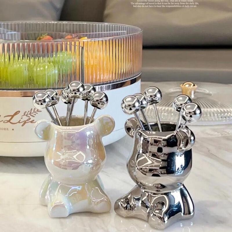 Zhaoran Light Luxury Stainless Steel Fruit Fork Set with Ceramic Bear Holder