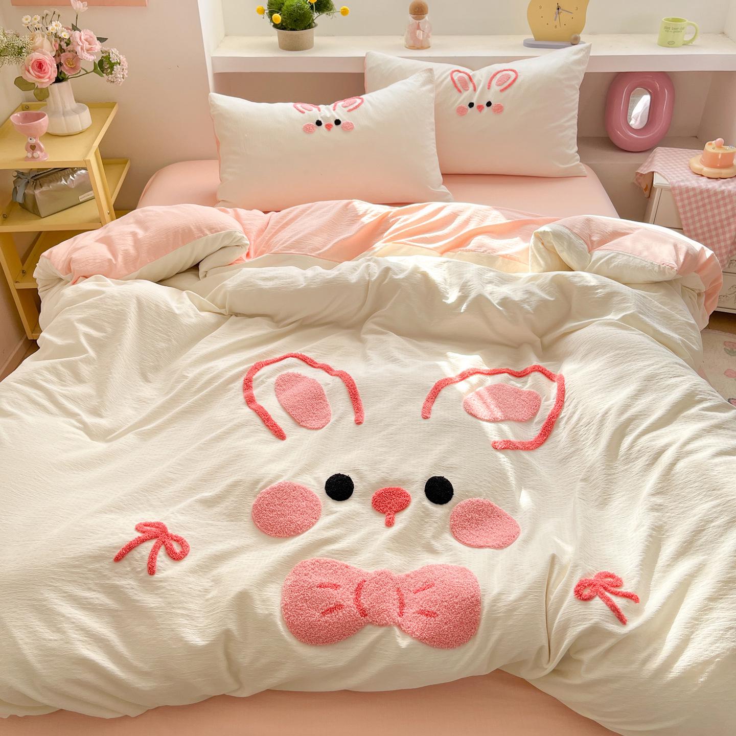 Crinkled Gauze Embroidered Cartoon Bedding Set - Double Bed Sheet & Duvet Cover for Home Use 0.9 Single Bed Sheet Set - Duvet Cover 150*200