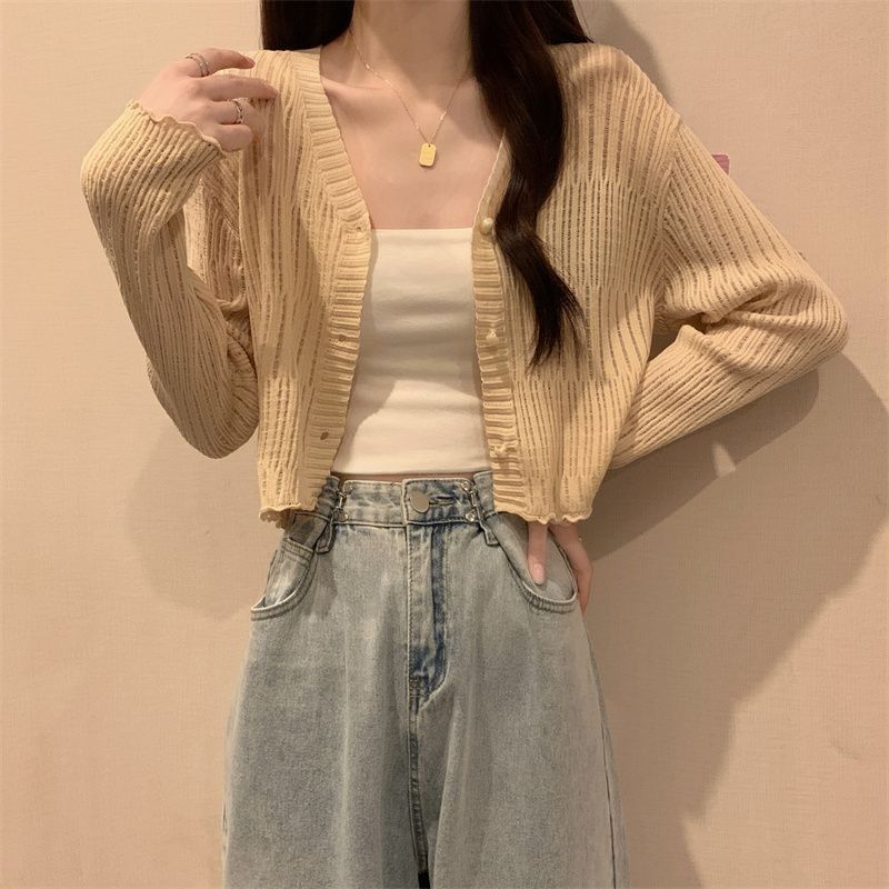 Mushroom Edge V-neck Long Sleeved Sun Protection Cardigan Women's Summer Short Top Thin Outer Layer Jacket