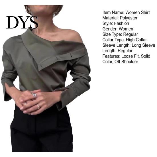 Versatile Women Top Shirt Button Splicing Turtleneck Long Sleeves Casual Loose Fit Solid Color Off-shoulder Blouse
