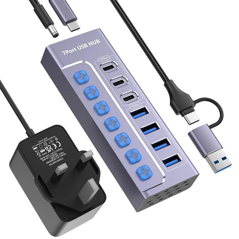 USB 3.0 7-Port Hub Splitter 10Gbps Docking Station with Independent Switches