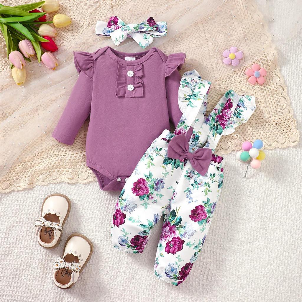 2022 Girls' Long Sleeve Top & Floral Overalls Three-Piece Set - Korean Spring/Autumn Style