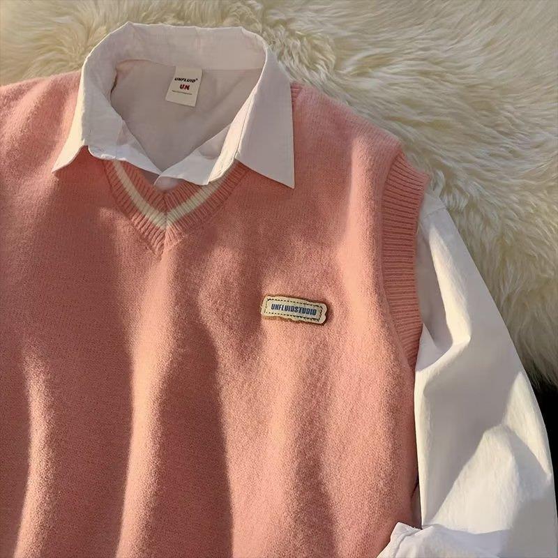 

Весенне-осенний мужской свитер без рукавов с V-образным вырезом в гонконгском стиле, корейский трендовый студенческий образ, стиль пары Харадзюку XXXL розовый