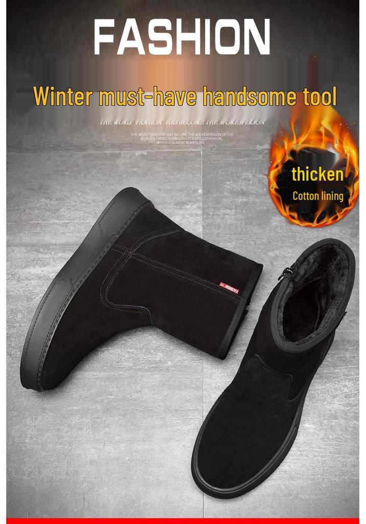 Men's Trendy Suede Cowhide Snow Boots: Warm High-Top Casual Cotton, Fashionable, Versatile Slip-On with Side Zipper