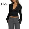 Solid Color Lace Print Blouse Women's Long Sleeve Crop Top Sexy Deep V Neck Slim Fit Bell Sleeves Club Wear Casual Basic Low Cut Going Out Shirt