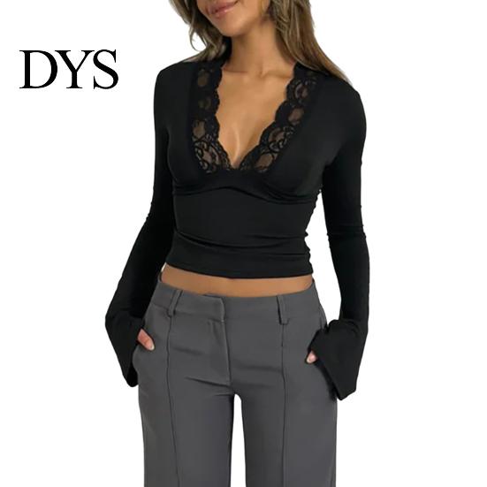 Solid Color Lace Print Blouse Women's Long Sleeve Crop Top Sexy Deep V Neck Slim Fit Bell Sleeves Club Wear Casual Basic Low Cut Going Out Shirt