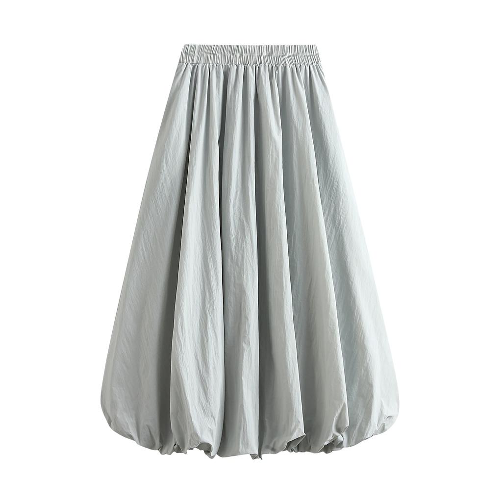 Women's Elegant Elastic High Waist Solid Color A-Line Pleated Puffball Hem Casual Flowy Balloon Bud Midi Skirts