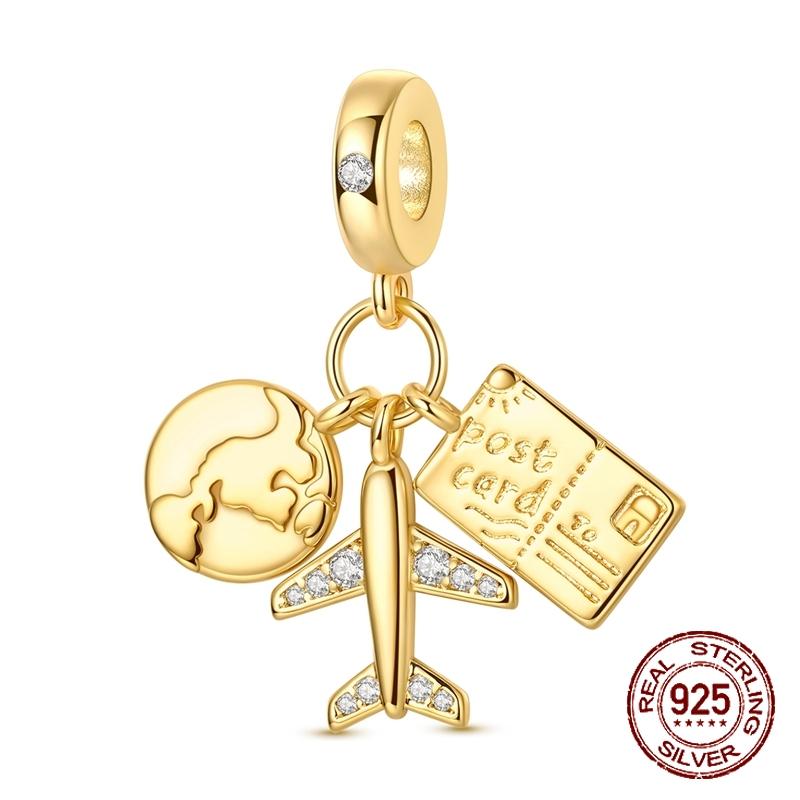 

copper Gold Plated TravelThemed Globe Airplane Postcard Pendant Charm Compatible With Authentic Charm Bracelets Women Do It Yourself Jewellery Gift