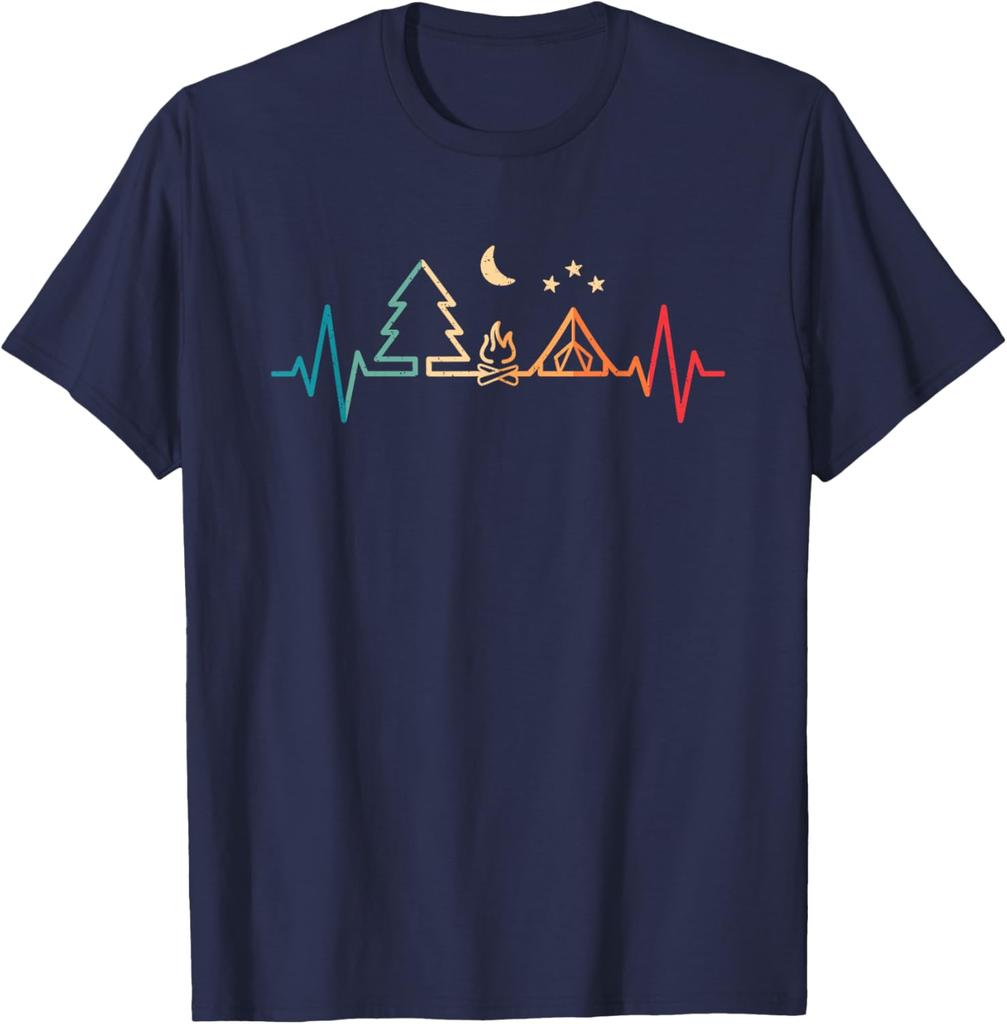 Retro Camping Heartbeat Nature Camper Hiking Men Boys TShirt