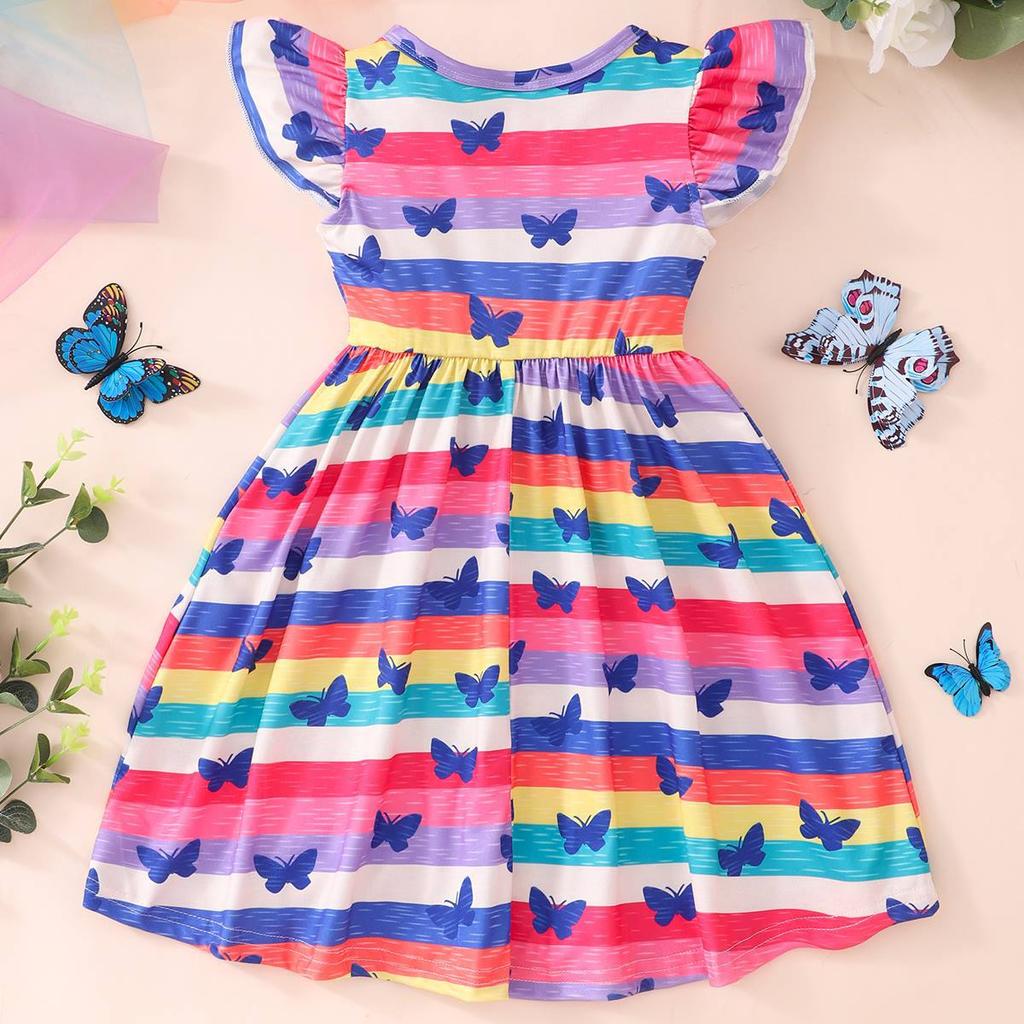 Preschool Dress Cartoon Dinosaur Butterfly Princess Summer Ruffled Sleeves Tie Dyed Rainbow Party Set