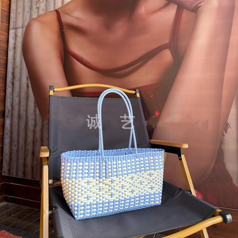 Plastic Woven Women's Handbag Handmade Bohemia Storage Basket Contrast Tote Bag Designer Summer Beach Bag Female Shoulder Bags