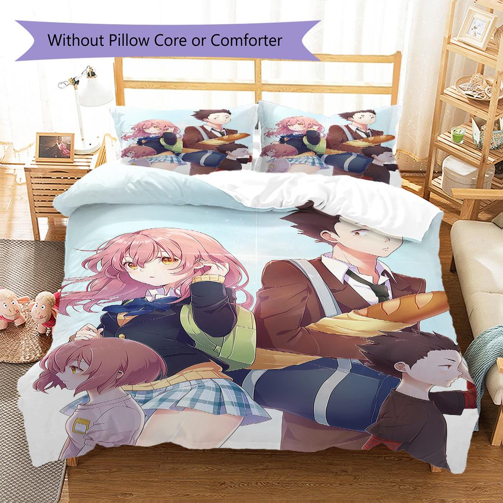 A Silent Voice Pattern Bedding,Quilt Set Quilt Cover Pillowcase Home Birthday Gift (1 * Duvet Cover + 2 * Pillowcase, Without Core)