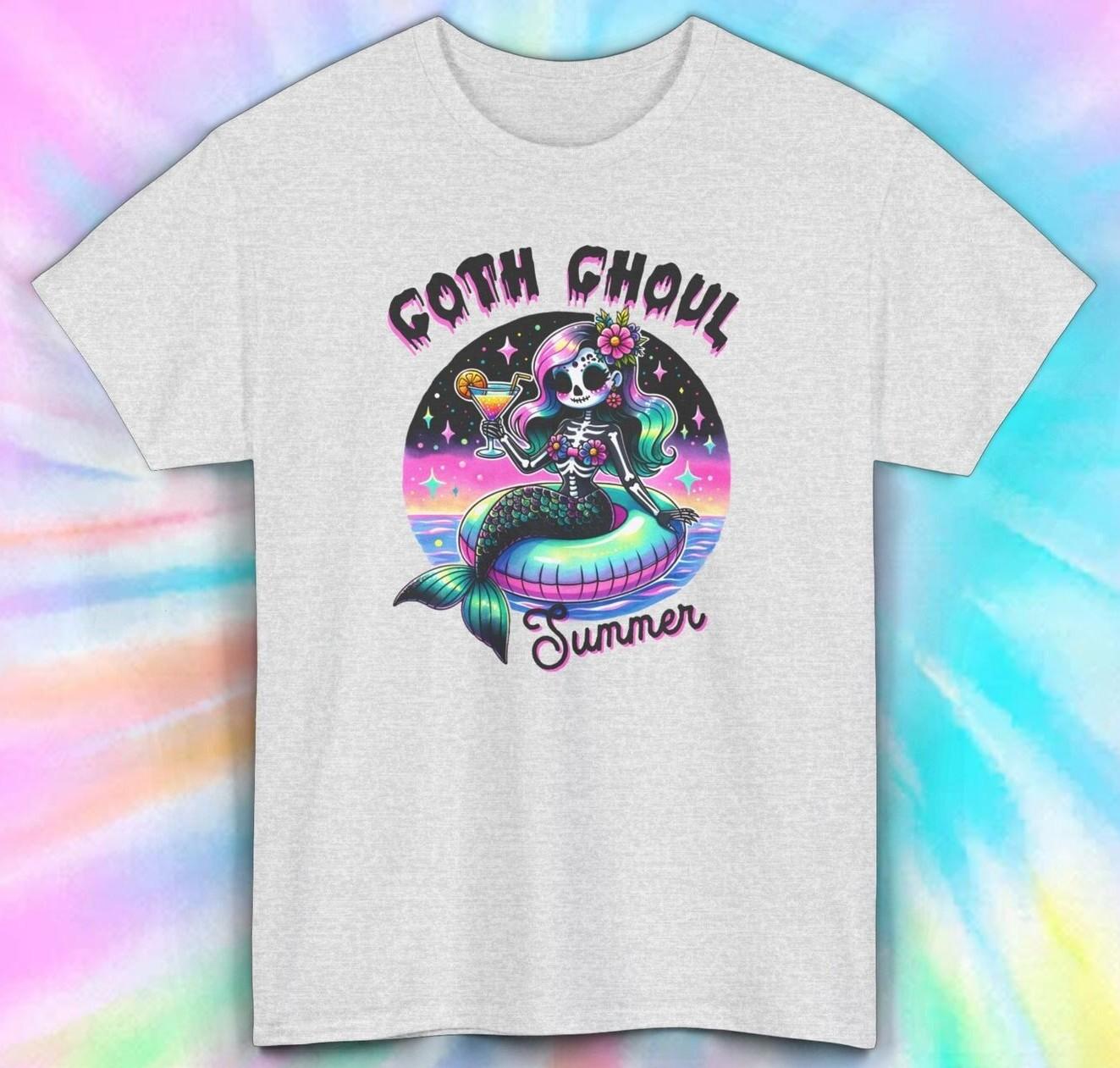 Goth Ghoul Summer T-Shirt | Funny Skeleton Mermaid Tee | Gothic Beach Shirt XXL
