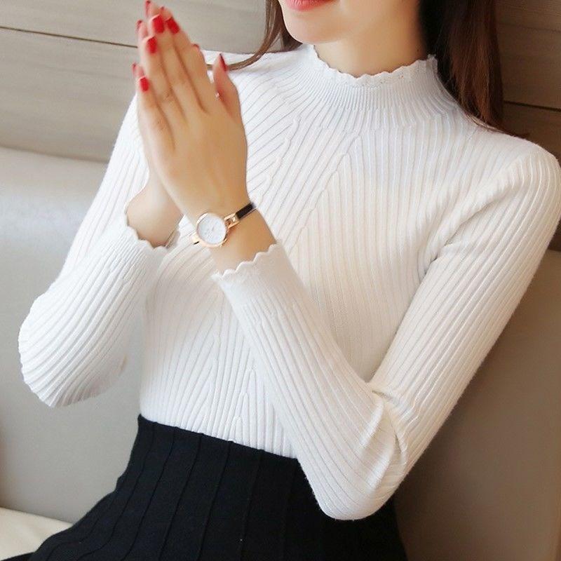 Maglione da Donna con Collo Alto e Volant Manica Lunga Lavorato a Maglia Base a Righe Pullover Casual da Donna Autunno