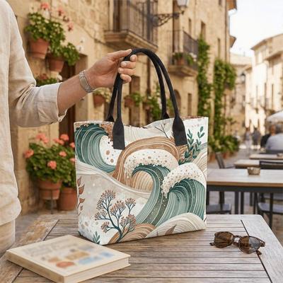  Boho Wave Pattern Canvas Tote Bag Large Capacity Casual Shoulder Bag for Daily Shopping Travel Outdoor Use