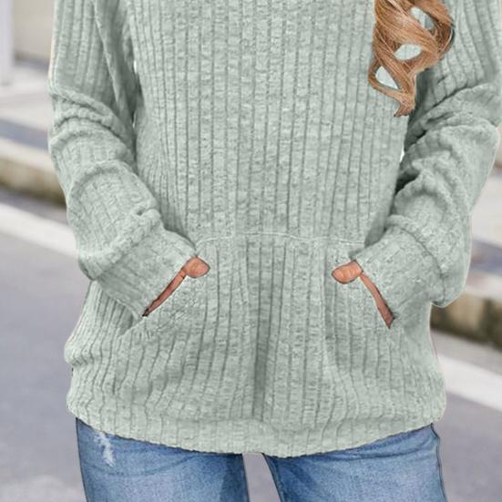 Women Knitted Sweater Hooded Long Sleeve Loose Fit Ribbed Knitting Pullover Tops with Pockets Casual Solid Color Autumn Knitwear
