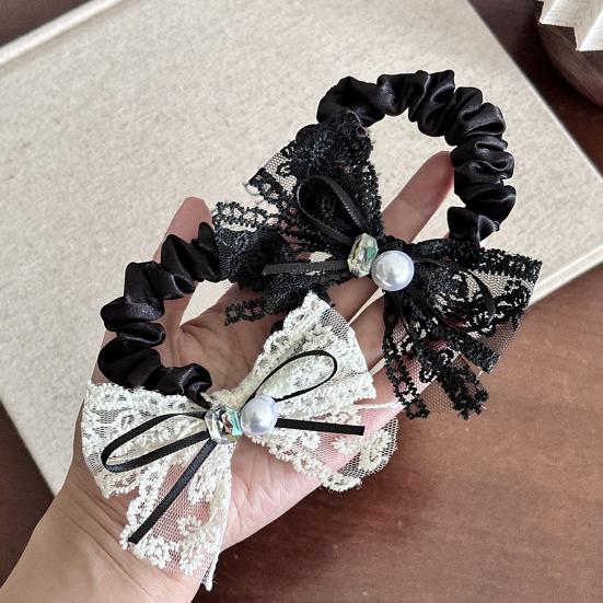 Hair Rope High Elasticity Lace Ribbon Bow Imitation Pearls Rhinestones Decor Hair Tie