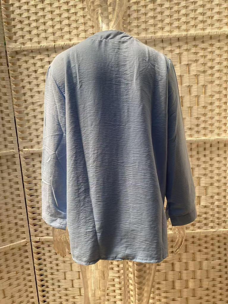 European & American Loose Plain Stand Collar Button Long Sleeve Cotton Linen Top for Women