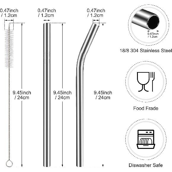 [10 Pcs] Reble Metal Boba Straws - 9.45" Long 0.47" Wide Stainless Steel Boba Straw for Smoothie, Bubble Tea, Milkshake