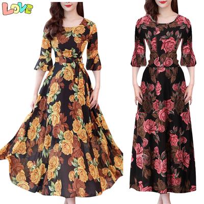 YAYUMI Fashion Women Long Sleeve Floral Print Long Maxi Dress Ladies Casual Boho Dress